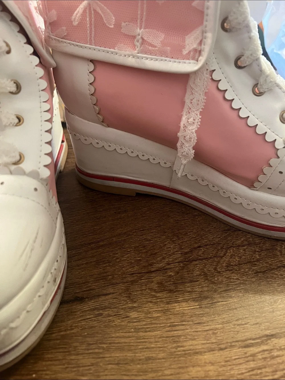 Lace-Up Pink and White Platform Boots - Feminine Floral Trim